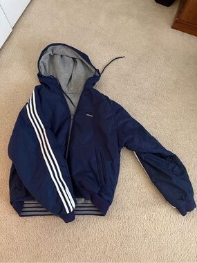 Adidas Navy Hooded Bomber Jacket with White Stripe Sleeves